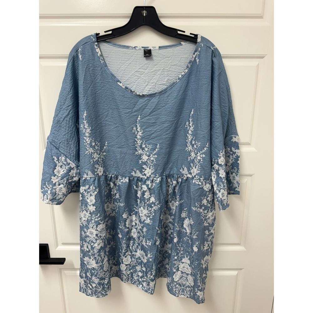 Unbranded Blue White Floral Tunic Blouse Top 5XL Stretch Tunic A10